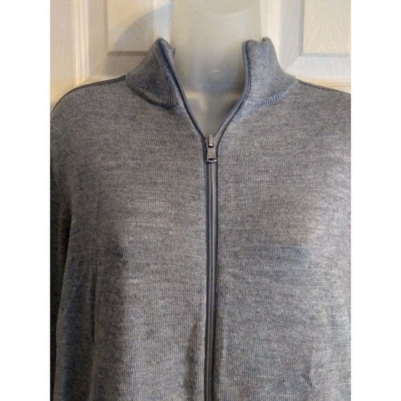 Michael Kors Full Zip Cardigan Gray Front Pockets Faux Leather Shoulders Sz M - Picture 2 of 8